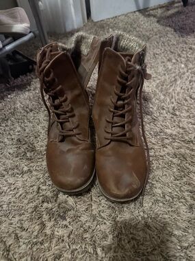 torrid Brown Lace-Up Faux Leather Boots with Knit Cuff